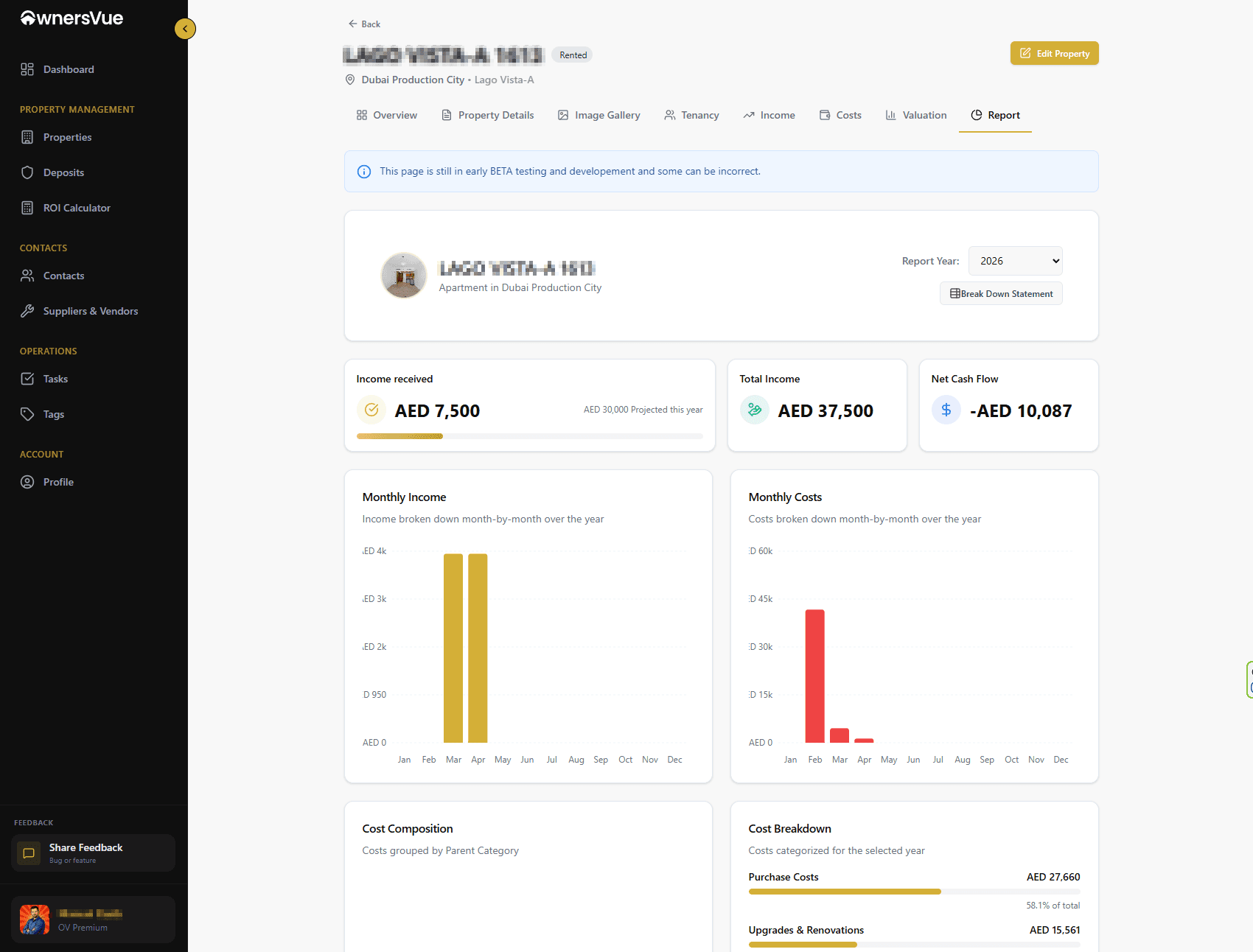 OwnersVue property management dashboard for Dubai and UAE landlords — overview of leases, insurance, service charges, and property performance