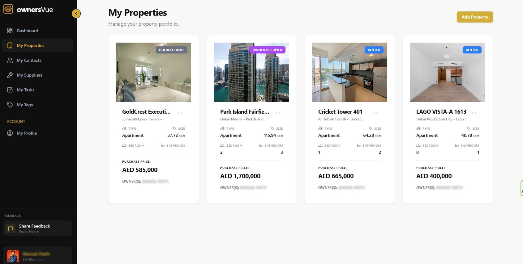 OwnersVue property management dashboard for Dubai property owners — organised view of insurance, leases, expenses, and maintenance