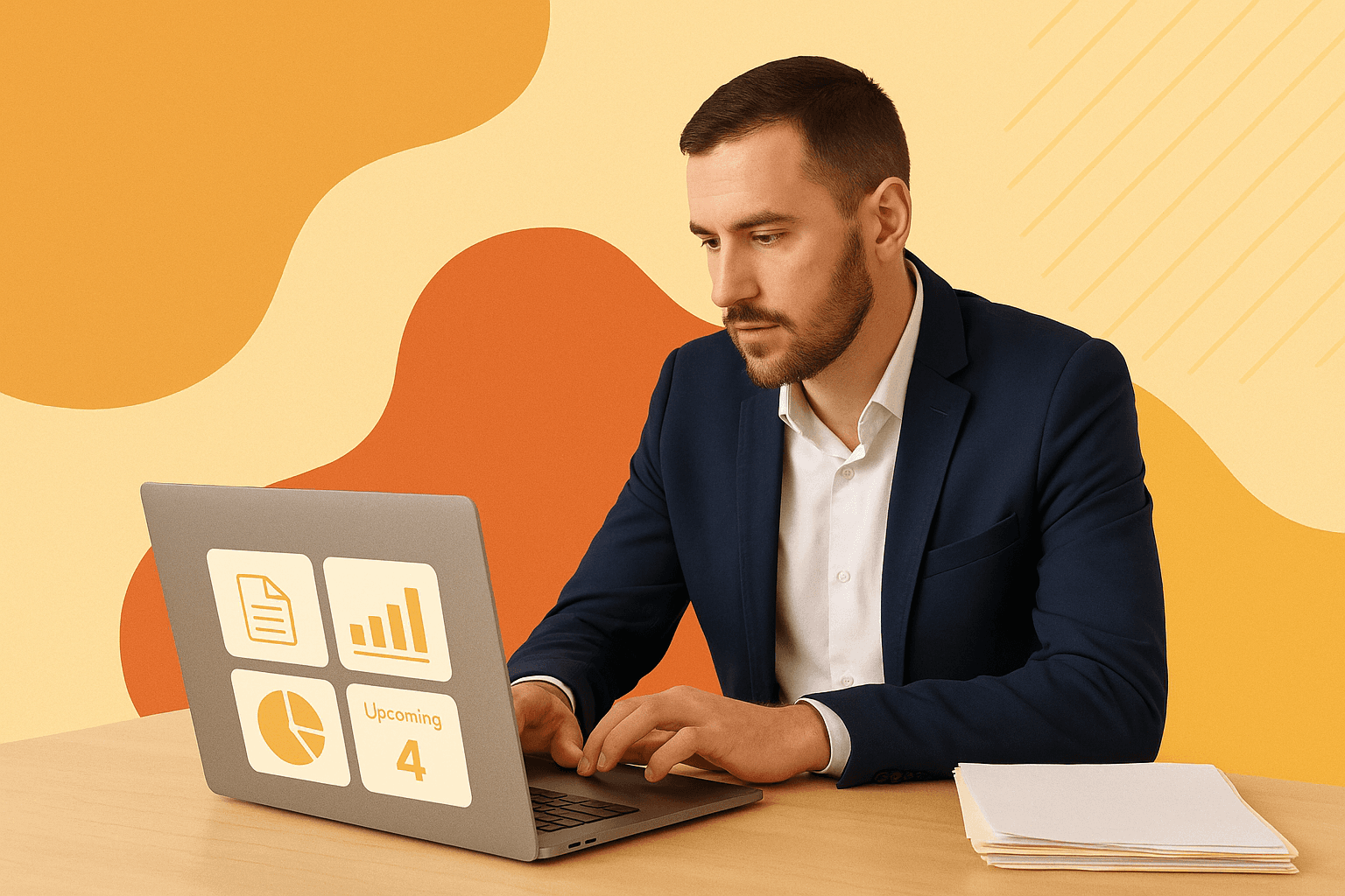 A remote landlord reviewing a rental property portfolio dashboard on a laptop, showing documents, financial charts, and upcoming deadlines, alongside a small stack of property paperwork.