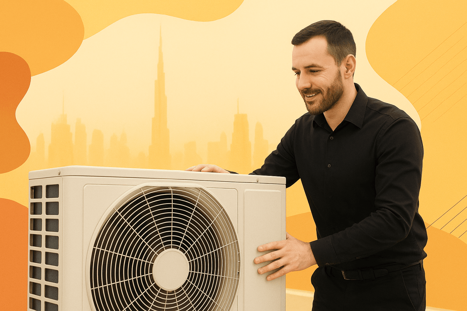 A rooftop AC condenser unit against a hazy Dubai skyline at peak summer heat, conveying maintenance and heat stress
